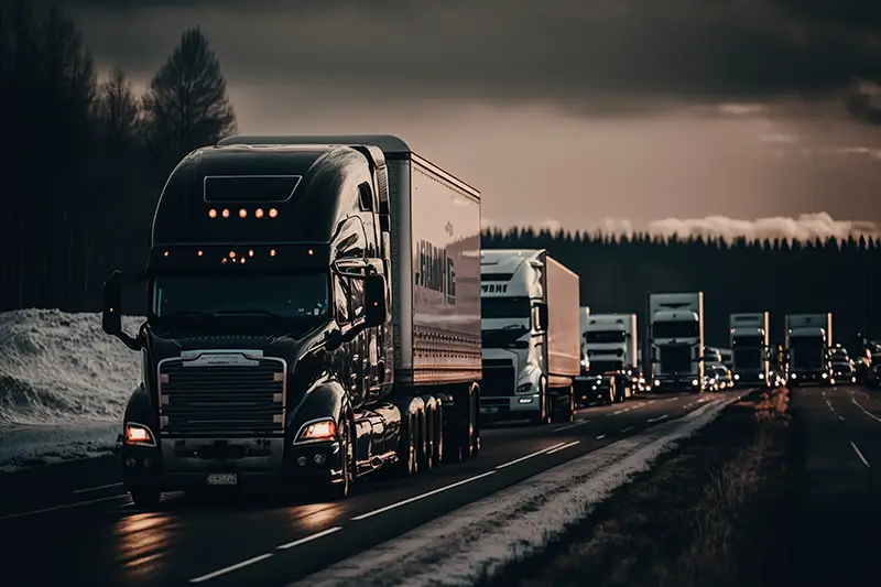 Trucks on the road at night. Concept of freight transportation